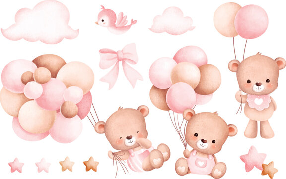 Naklejka Watercolor Illustration set of baby bear and balloons