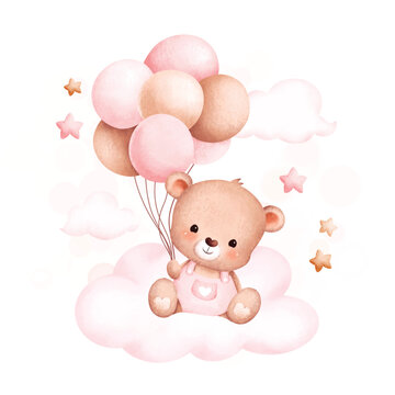 Naklejka Watercolor Illustration Cute baby bear and balloons sitting on cloud