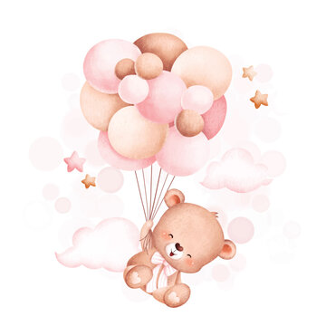 Watercolor Illustration Cute baby bear flying with balloons
