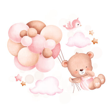 Watercolor Illustration Cute baby bear flying with balloons