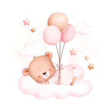 Watercolor Illustration Cute baby bear and balloons sleeping on cloud