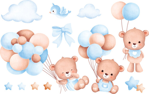 Naklejki Watercolor Illustration set of baby bear and balloons