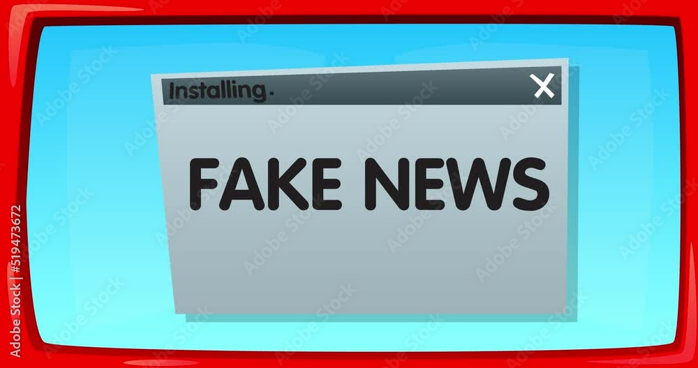 Poster cartoon computer with the words fake news. video message of a screen displaying an installation wind
