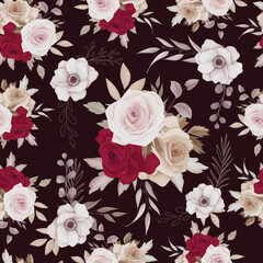 Floral seamless pattern of brown and maroon roses and leaves arrangements