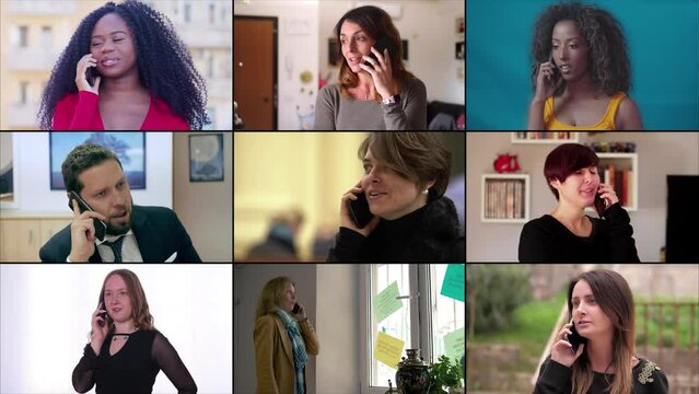 Multiscreen or colage of 9 people talking on smartphone