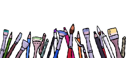 【いろいろな画材】筆、ブラシ、色鉛筆、刷毛、クレヨン、パステル、ペン、ナイフ、木炭、へら