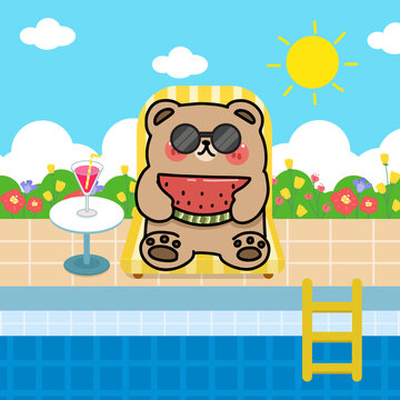 cartoon character bear eat watermelon and take a rest on chair at swimming pool, flat illustration vector