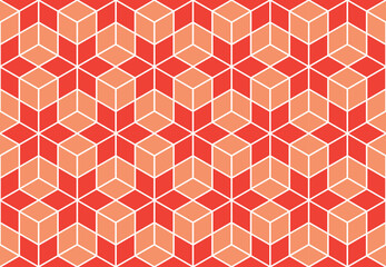 Red star shape repeating pattern with orange color 3d effect cubes and white outline, geometric vector illustration