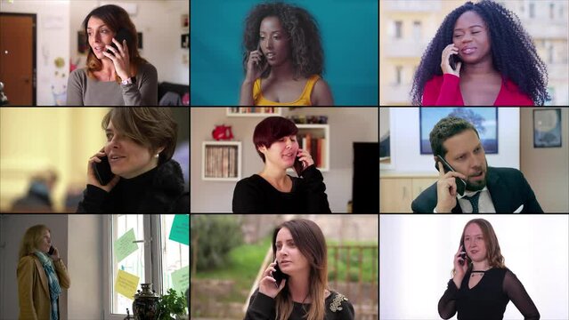 Multiscreen or colage of people talking on smartphone