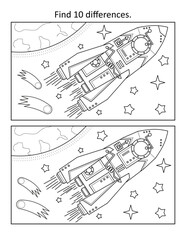 Spaceship or rocket in outer space. Find 10 differences picture puzzle and coloring page. Black and white.
