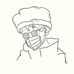 Black painted outline sketch potrait on white background. Scientist wearing a mask, hat and glasses. 
Character vector.