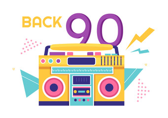 Obraz premium 90s Retro Party Cartoon Background Illustration with Nineties Music, Sneakers, Radio, Dance Time and Tape Cassette in Trendy Flat Style Design
