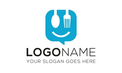 Blue Square Bubble Talk Food Spoon and Fork Logo Design