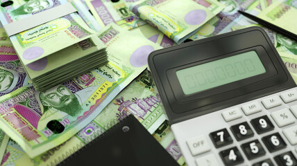 20000 Mongolian togrog notes spread out  with a calculator, pen and notebook. 3d rendering