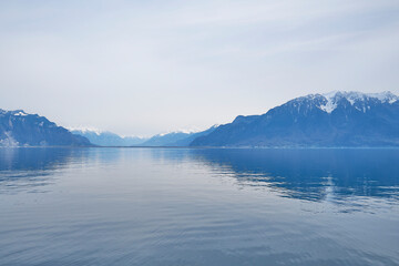 A landscape of Lake Geneva from the lakeside promenade at Vevey city, Switzerland. 