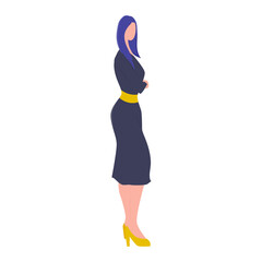 A woman in a beautiful dress standing with crossed arms. Flat vector illustration isolated on a white background.