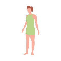 A girl in a green suit standing with straightened shoulders. Flat vector illustration isolated on a white background.
