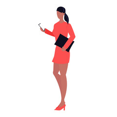 Long-legged girl in a red dress with a phone and a folder in her hands. Flat vector illustration isolated on a white background.