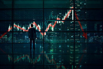 Male manager look at declining candlesticks chart