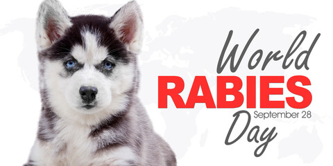 Siberian husky puppy with world rabies day text - obrazy, fototapety, plakaty