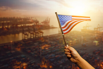 Child waving an American flag with port background