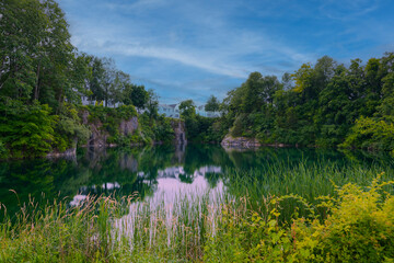 Forest with lake during sunset. Beautiful natural landscape in the summer time.
