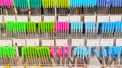 Colorful pens displayed in the stationery shop