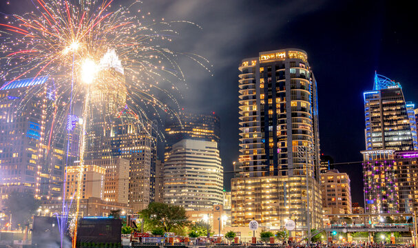 fireworks show over charlotte skyline post baseball game