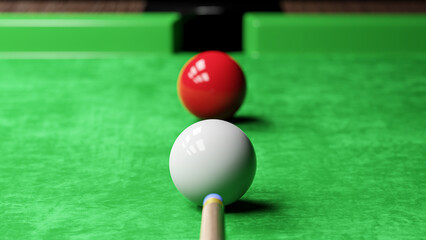 Snooker pool table and billiards ball with dimness light . Player aim at white ball . 3D rendering .
