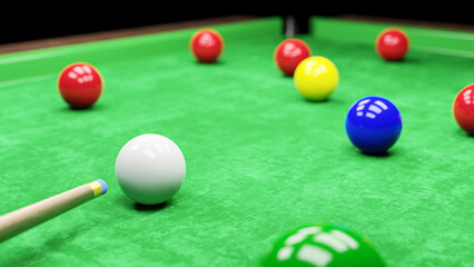 Snooker pool table and billiards ball with dimness light . 3D rendering .