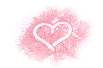 Heart drawn in pink sand on top of white background.