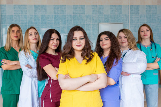 profession medicine staff. multinational people - doctor, nurse and surgeon. a group doctors. medical advertisement design. background wide promotional banner