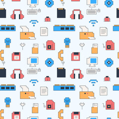 90's electronics equipment pixel flat vector illustration icon seamless pattern Gift Wrap background