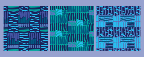 Minimalist trendy abstract print set in blue tones. Line and shapes art illustrations. Modern vector template for design.