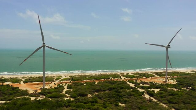 Aerial view of Group of windmills for renewable electric energy production. Mannar, Sri Lanka. Wind Power Station.