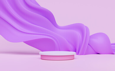 3d pink stage podium empty with purple soft fabric, abstract geometric cosmetic showcase pedestal pink background. minimal modern scene, 3d render illustration
