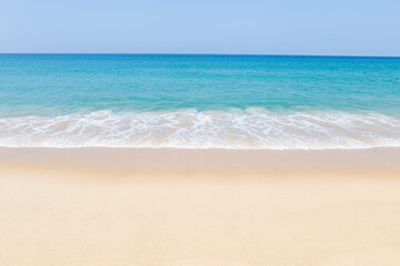 Fototapeta na wymiar Empty clean sandy beach in south of Thailand, tropical island, summer outdoor day light