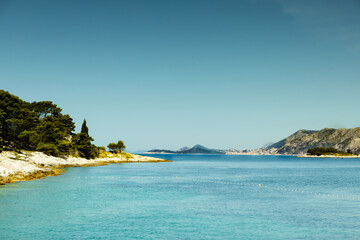 Sea landscape, Adriatic Sea, Croatia, mountains, islands in the horizon, June, sunny day, clear sky