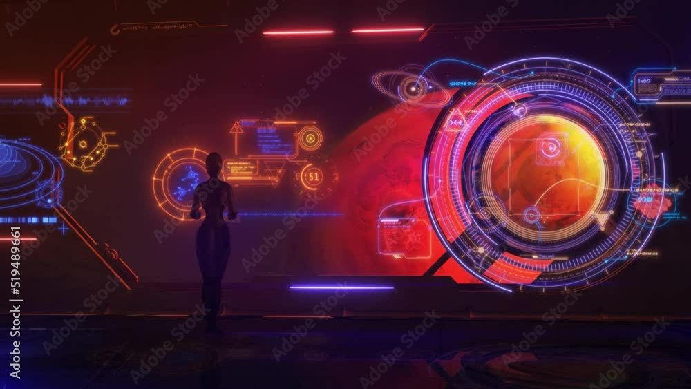 Poster alien in a spaceship orbiting mars, 3d render