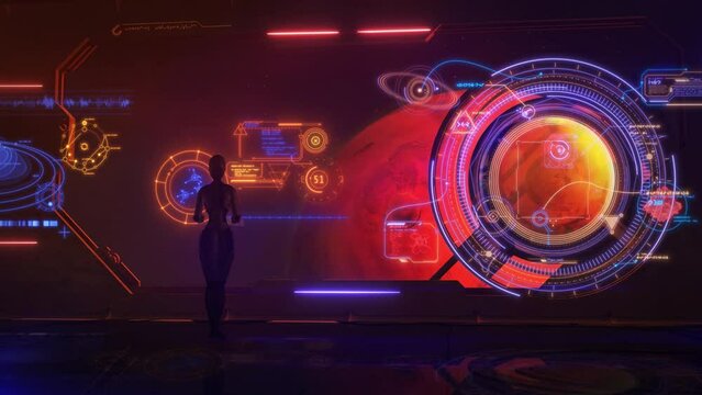 Alien in a spaceship orbiting Mars, 3D render