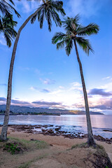 View of park and tropical beach in Haleiwa, North shore of Oahu, Hawaii