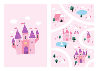 Fairy tale princess castle - vector illustration in flat style. Fantastic cute castle - fairytale kingdom © NadezdaBarkova