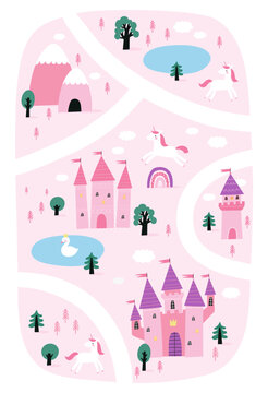 Fairy tale princess castle - vector illustration in flat style. Fantastic cute castle - fairytale kingdom