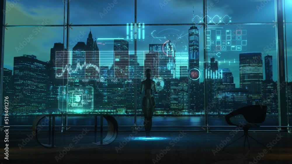 Poster artificial intelligence doing infographic data research, 3d render