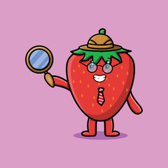 Cute cartoon character Strawberry detective is searching with magnifying glass and cute style design 