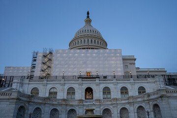 The West Front of the United States Capitol in Washington, DC, is seen covered in scaffolding for a...