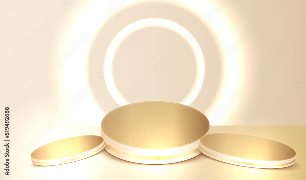 Poster studio with empty place to display product with gold podiums vector background. premium podium comme