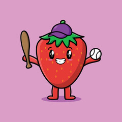 Fototapeta premium Cute cartoon strawberry character playing baseball in modern style design