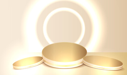 Studio with empty place to display product with gold podiums vector background. Premium podium commercial place with golden stage design.