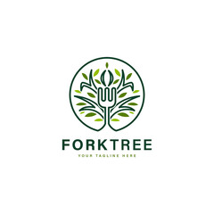 Obraz premium Fork tree logo design with leaf and round concept vector icon illustration
